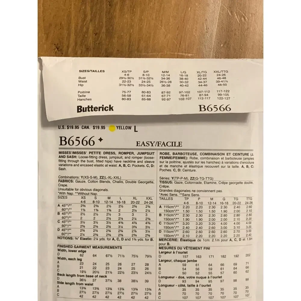 Butterick B6566 Pattern Misses Sz L/XL/XXLPetite Dress/Romper/Jumpsuit/Sash